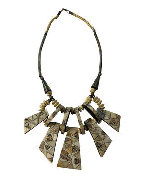 Vintage Tribal Statement Necklace Geometric Inlay Panels Bone Horn Style Heavy B